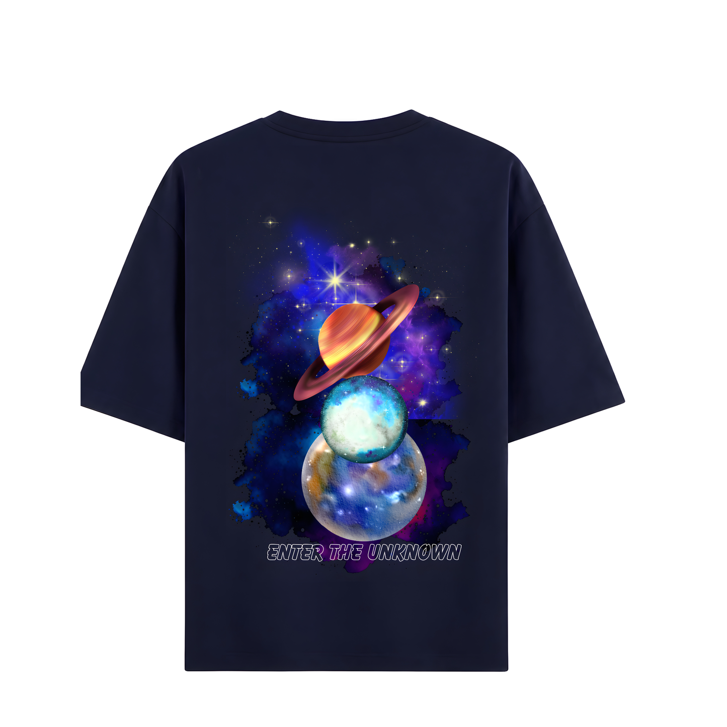 Space graphic navy blue oversized t-shirt male model back view