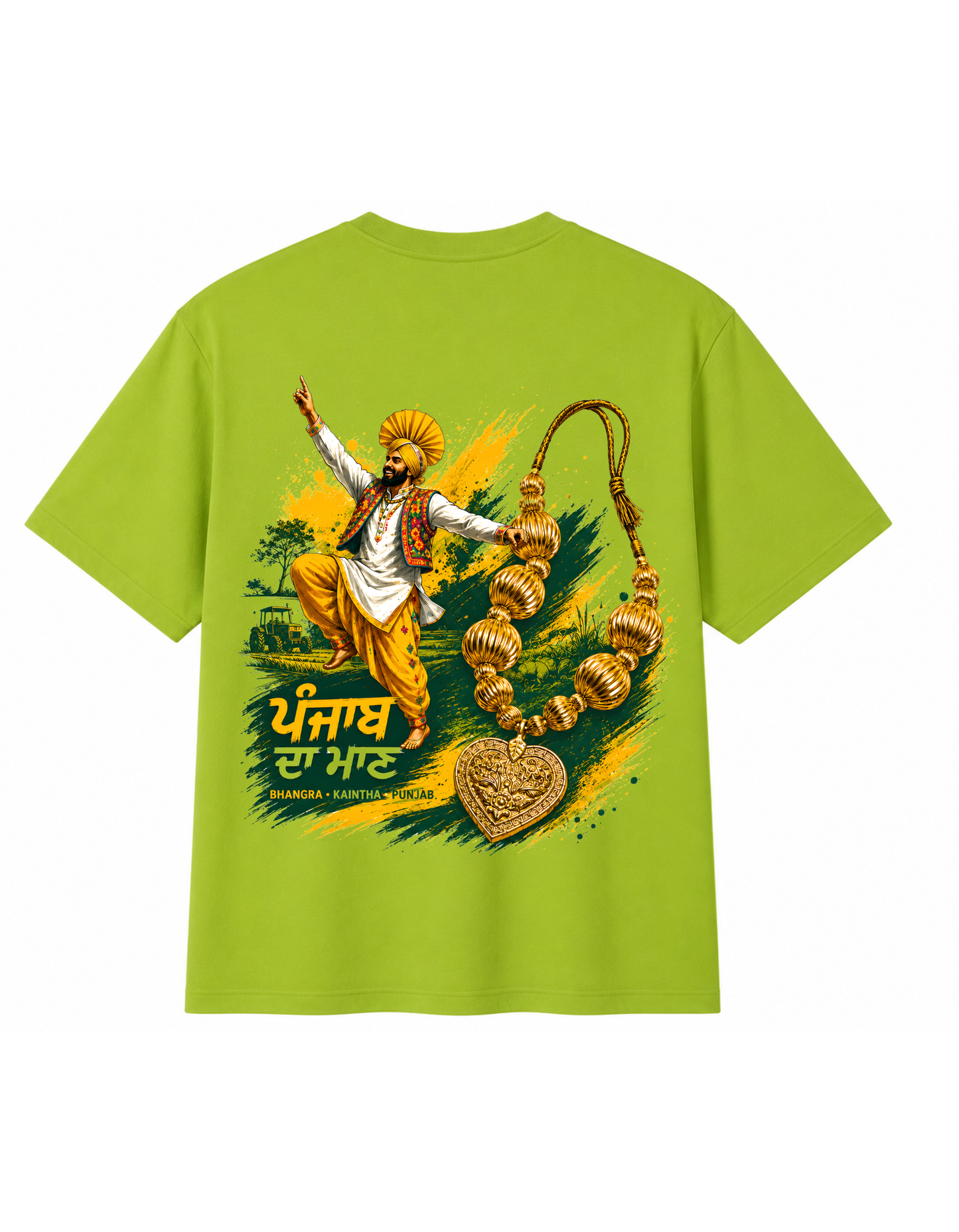 A bright lime green short-sleeve t-shirt with a large graphic print on the front. The graphic features a traditional Punjabi dancer, a gold-toned necklace, and Punjabi text reading 'Punjab Da Mark' with 'Finger - Lahore 2024' printed below.