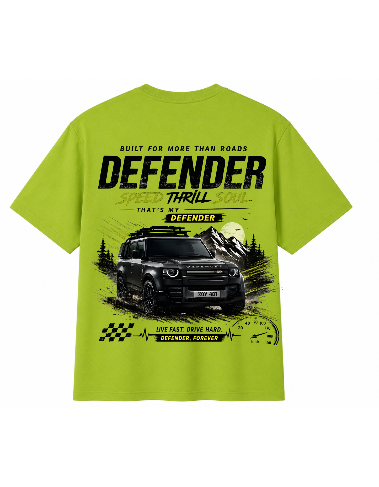 Athletic Indian male model wearing Defender oversized t-shirt with adventure graphic back view