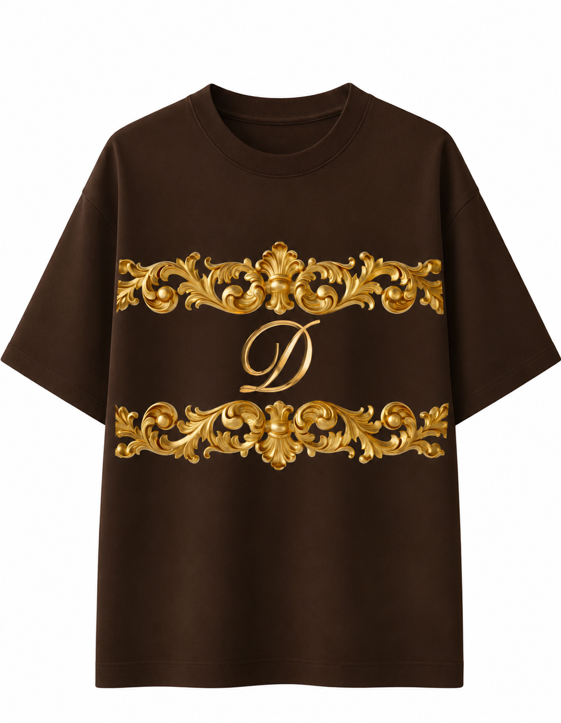 Premium women's brown oversized graphic t-shirt with gold baroque artwork