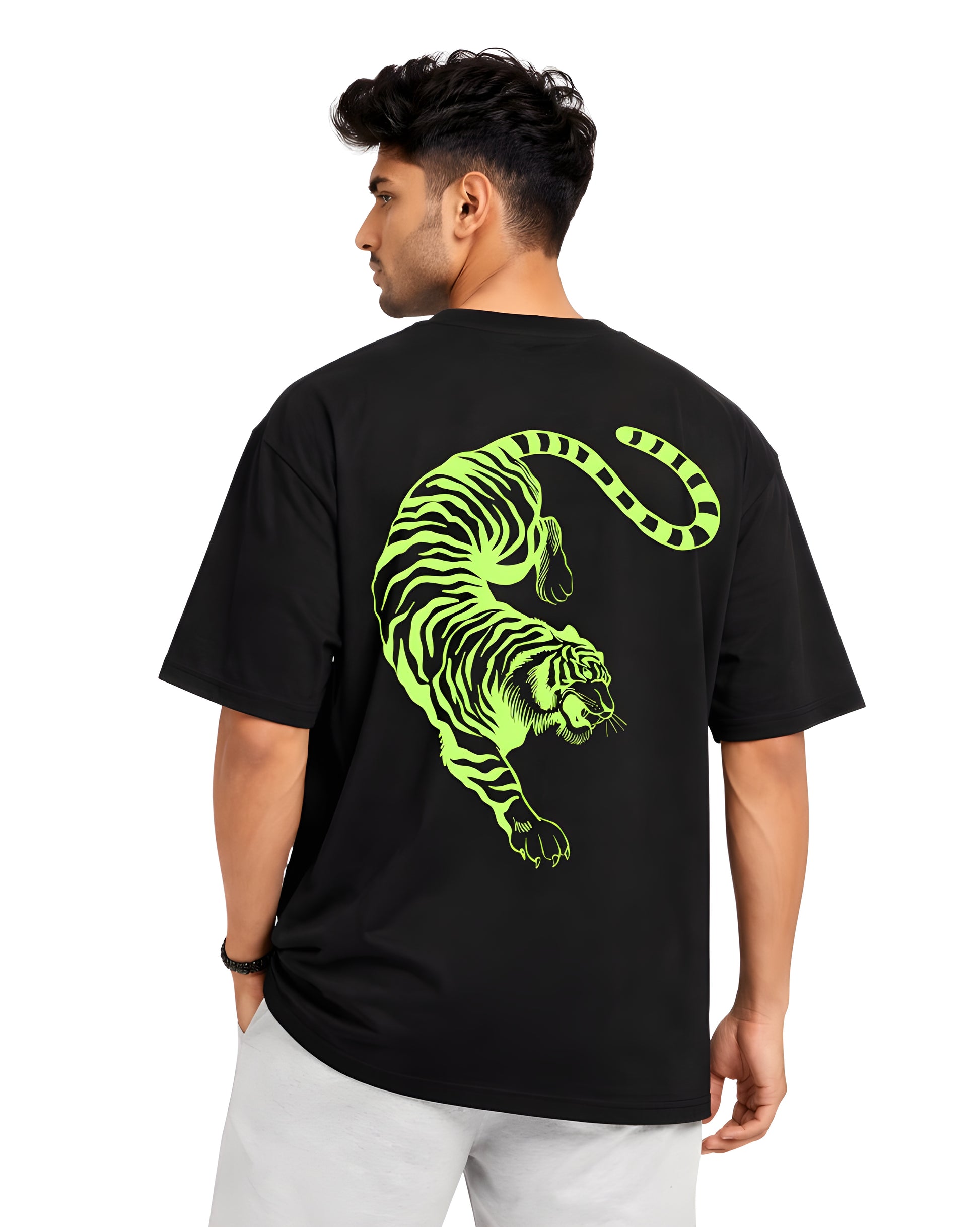 Streetwear oversized black graphic t-shirt with neon tiger artwork for men