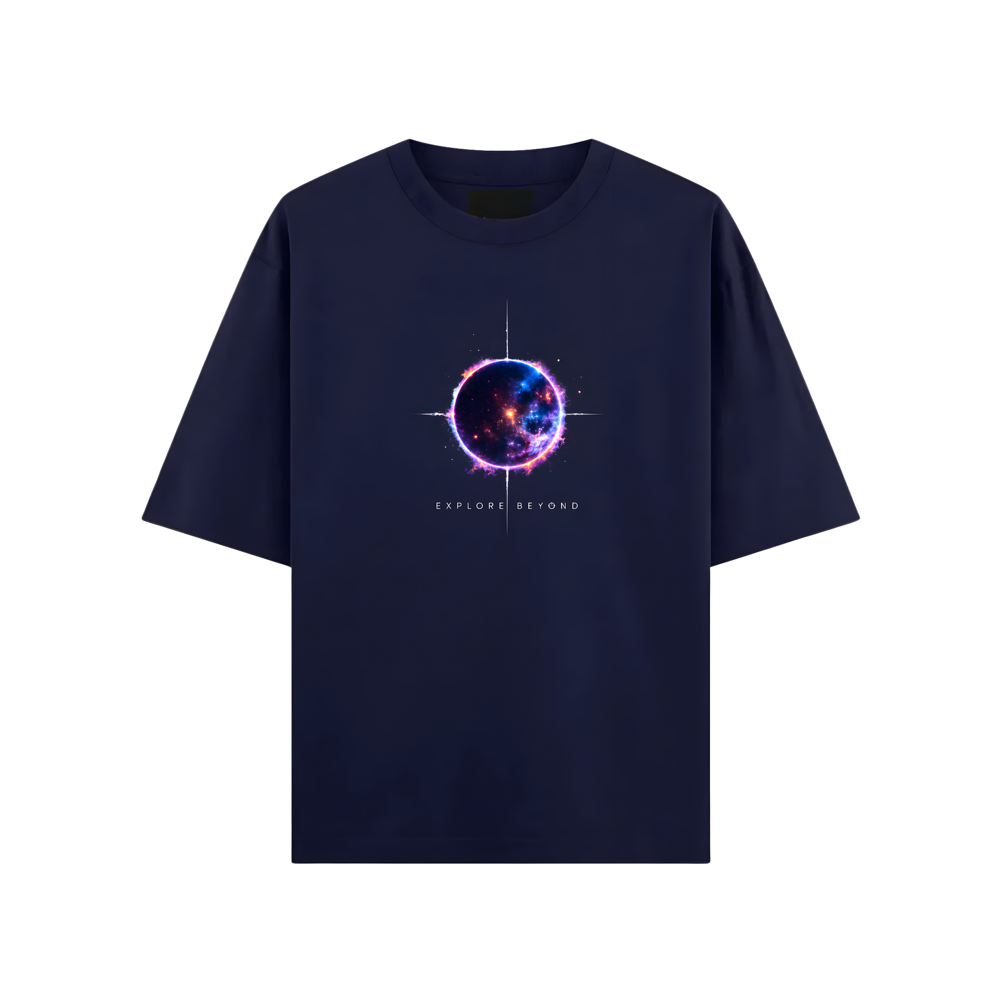 Navy blue t-shirt with a cosmic design and 'Explore Beyond' text on a white background