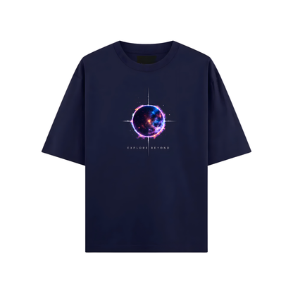Navy blue t-shirt with a cosmic design and 'Explore Beyond' text on a white background