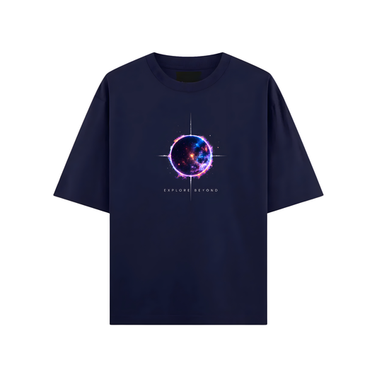 Navy blue t-shirt with a cosmic design and 'Explore Beyond' text on a white background