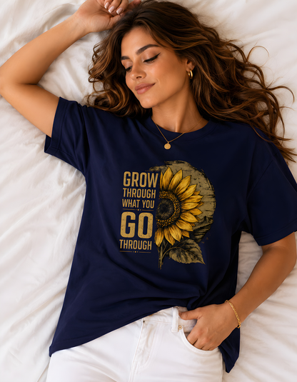 Navy blue oversized sunflower motivational t-shirt front view
