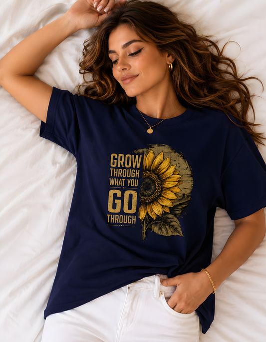 Navy blue oversized sunflower motivational t-shirt front view