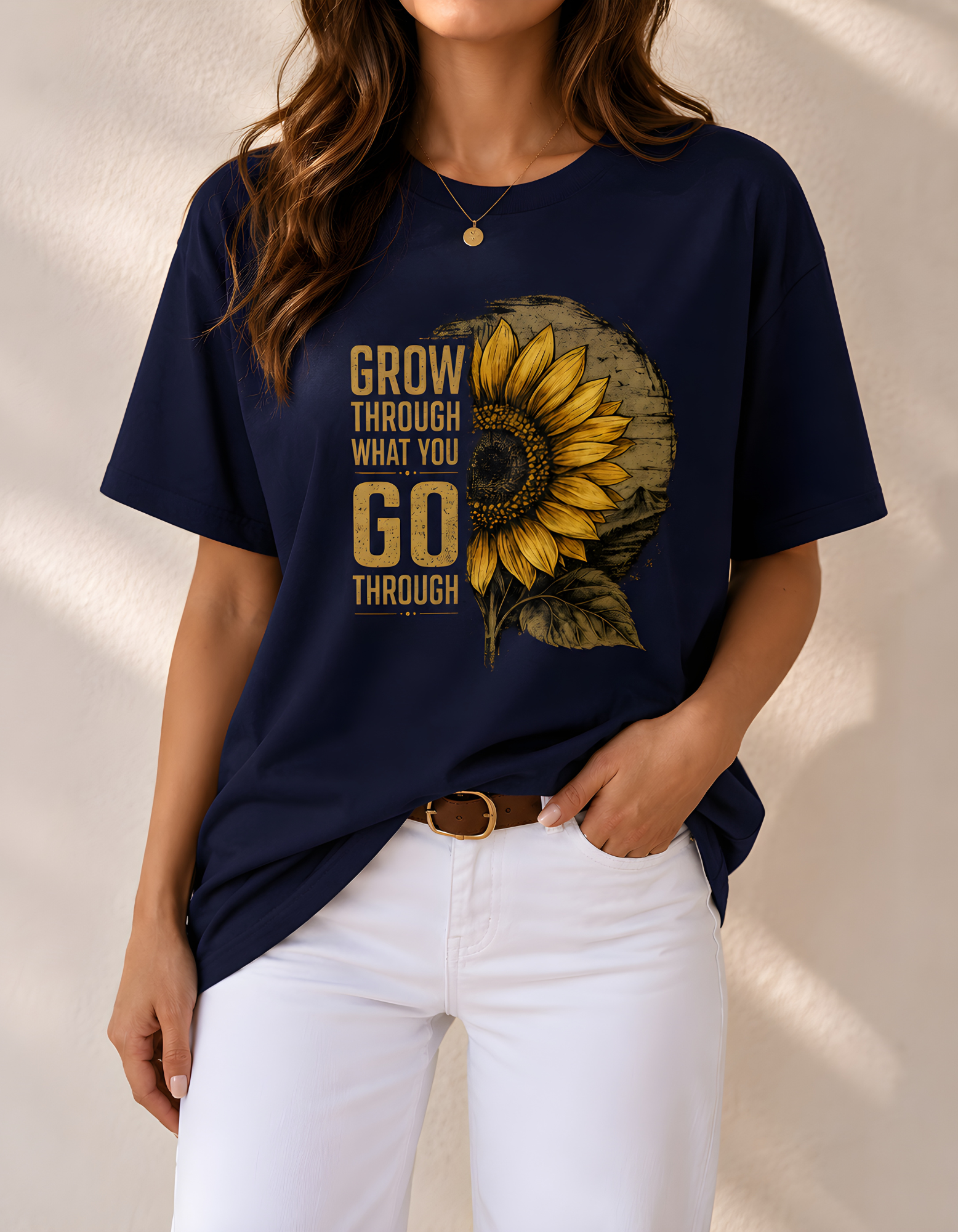 Women's sunflower graphic cotton oversized t-shirt in navy blue