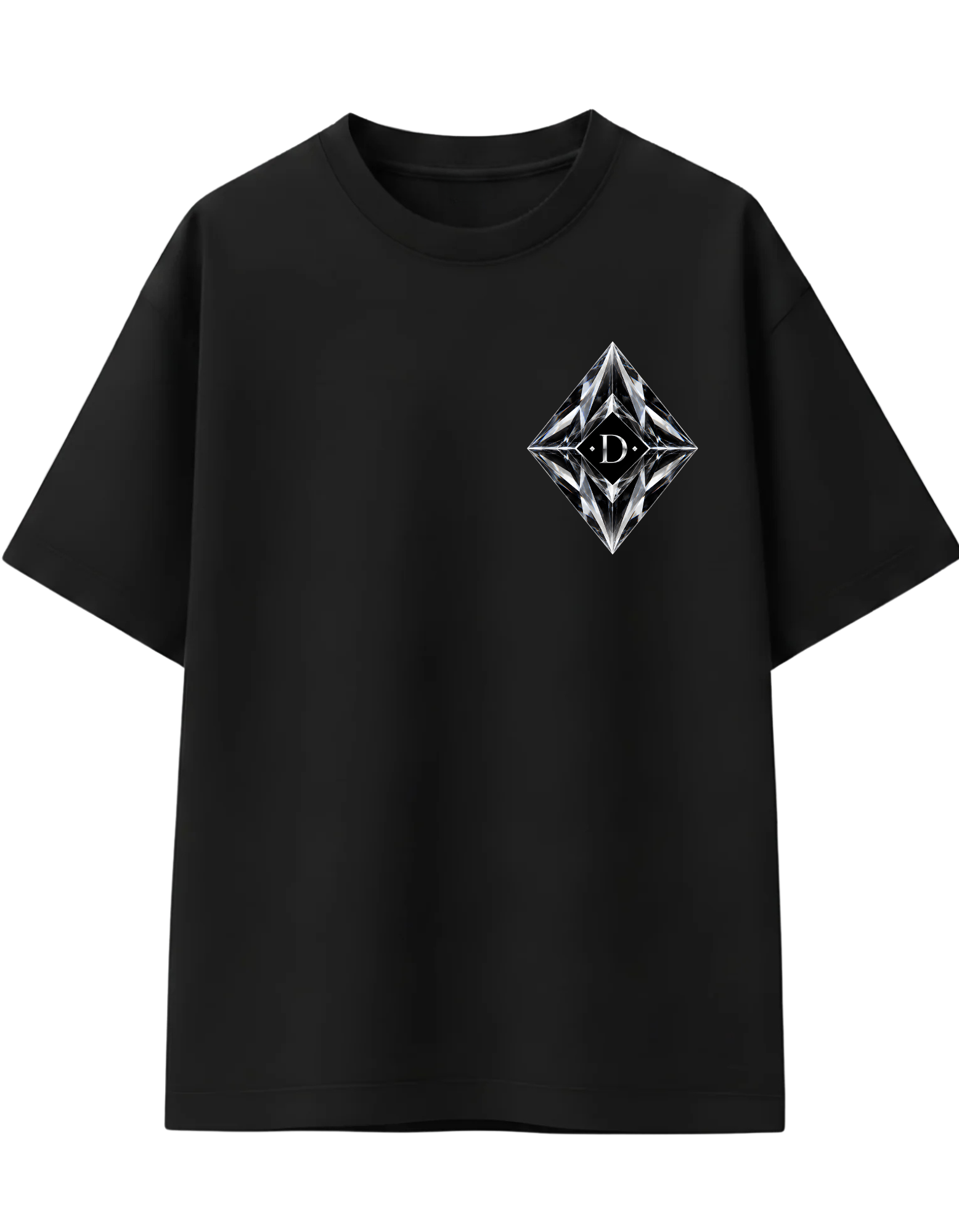 Rear view of male model wearing oversized black crystal geometric graphic t-shirt