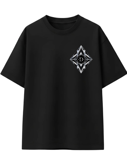 Rear view of male model wearing oversized black crystal geometric graphic t-shirt