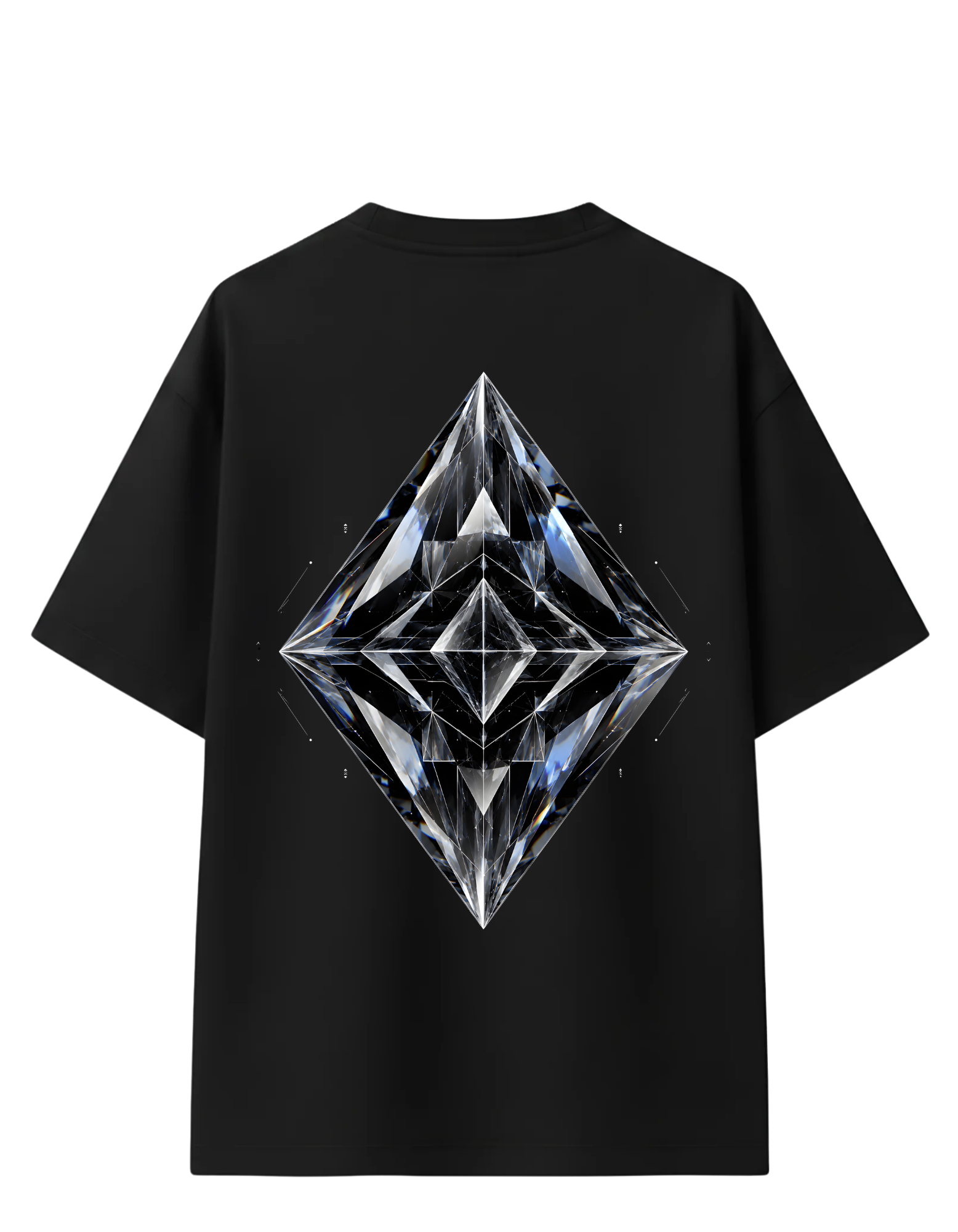 Black oversized t-shirt featuring futuristic crystal prism geometric artwork on the back