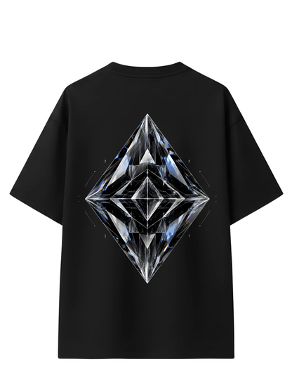 Black oversized t-shirt featuring futuristic crystal prism geometric artwork on the back