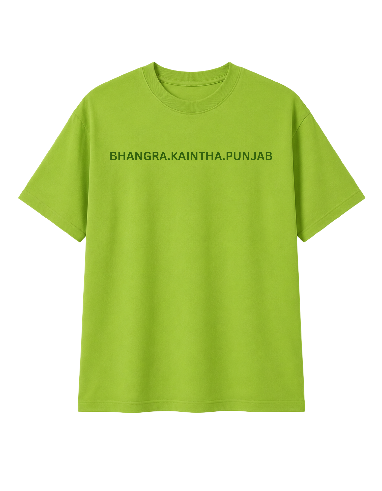 Male model wearing Bhangra Kaintha Punjab oversized green t-shirt front view