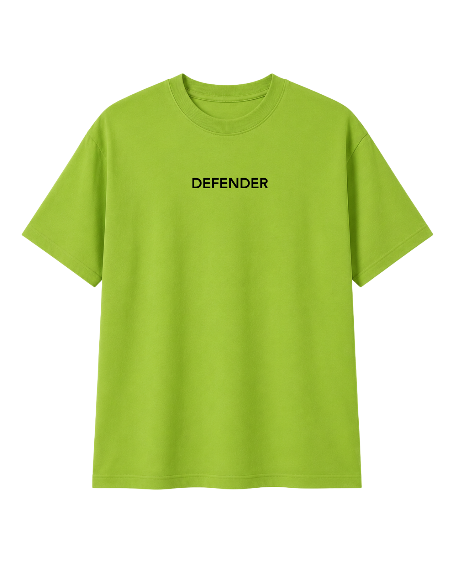 Athletic Indian male model wearing lime green Defender oversized t-shirt front view