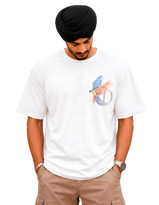 Premium white oversized streetwear T-shirt with artistic bird print