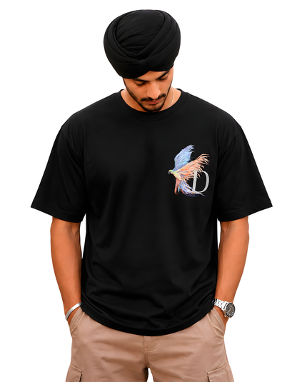 Men's black oversized graphic T-shirt featuring abstract bird artwork