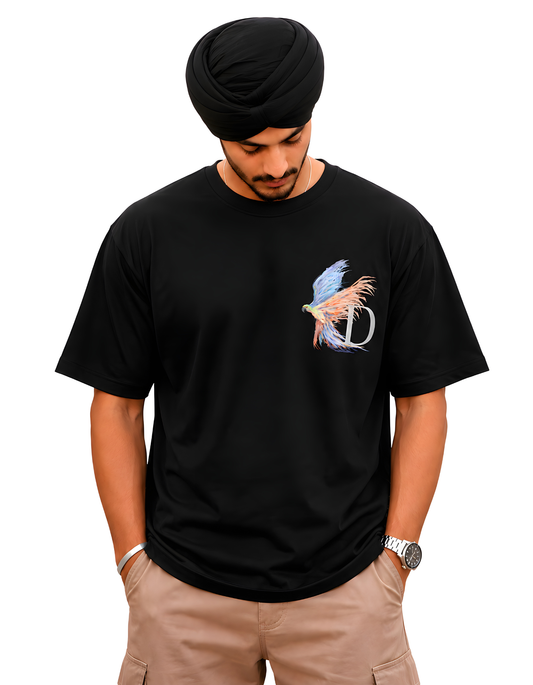 Men's black oversized graphic T-shirt featuring abstract bird artwork