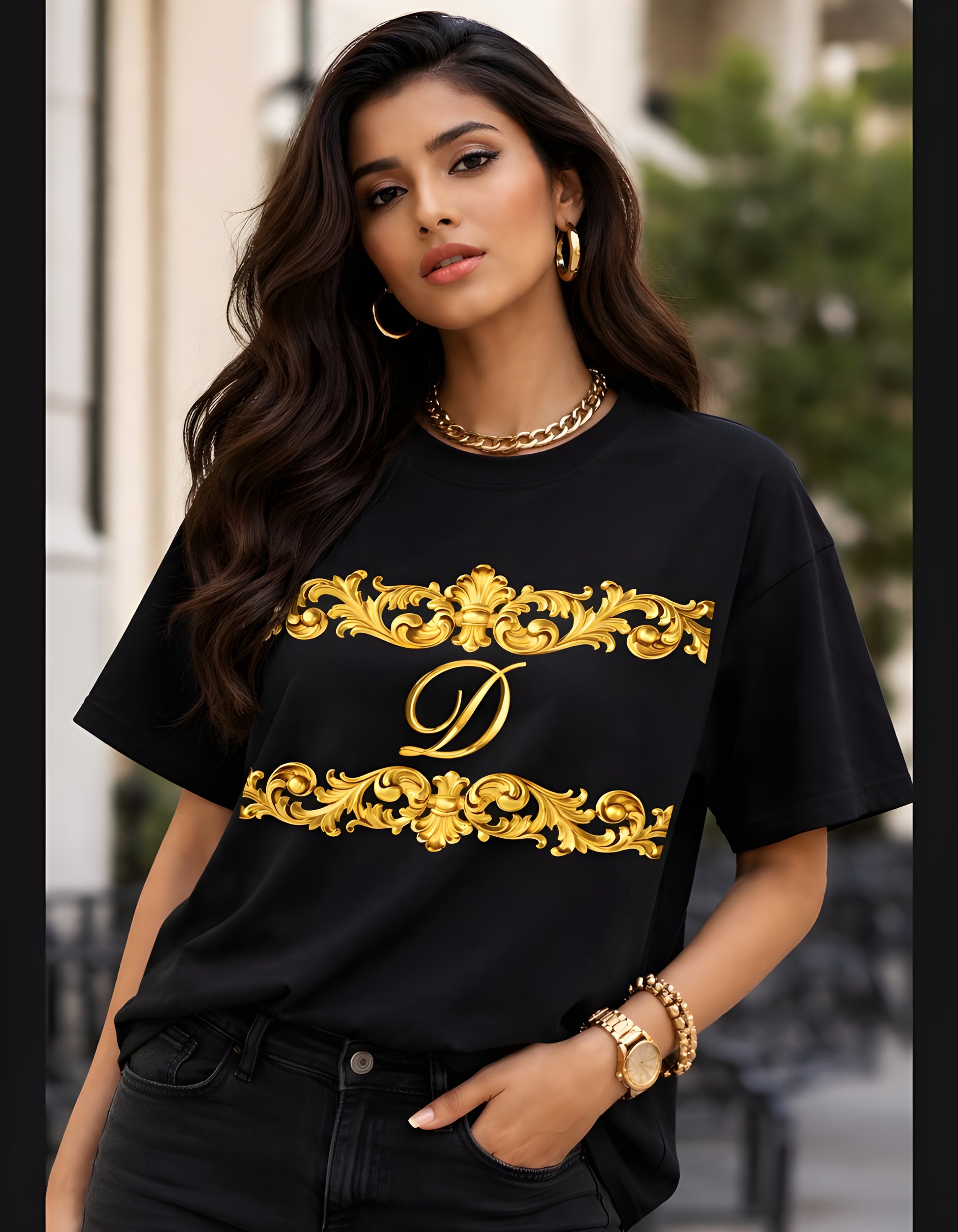 Elegant black oversized t-shirt for women front view