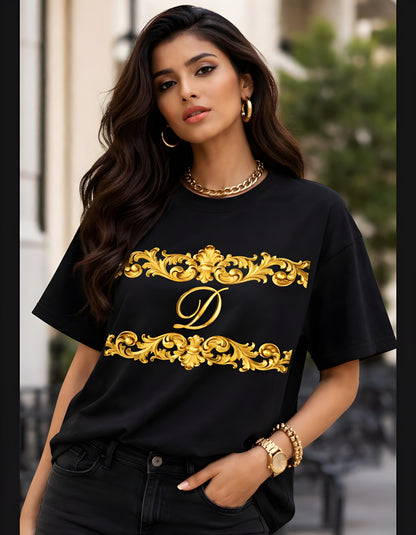 Elegant black oversized t-shirt for women front view