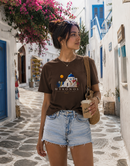 Mykonos Greece oversized T-shirt in chocolate brown with Mediterranean graphic