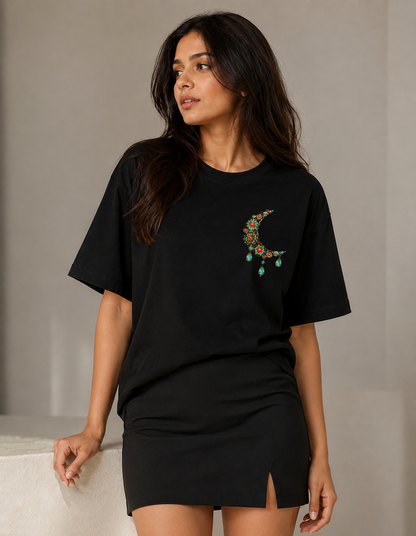 Luxury crescent jewel oversized black T-shirt for women