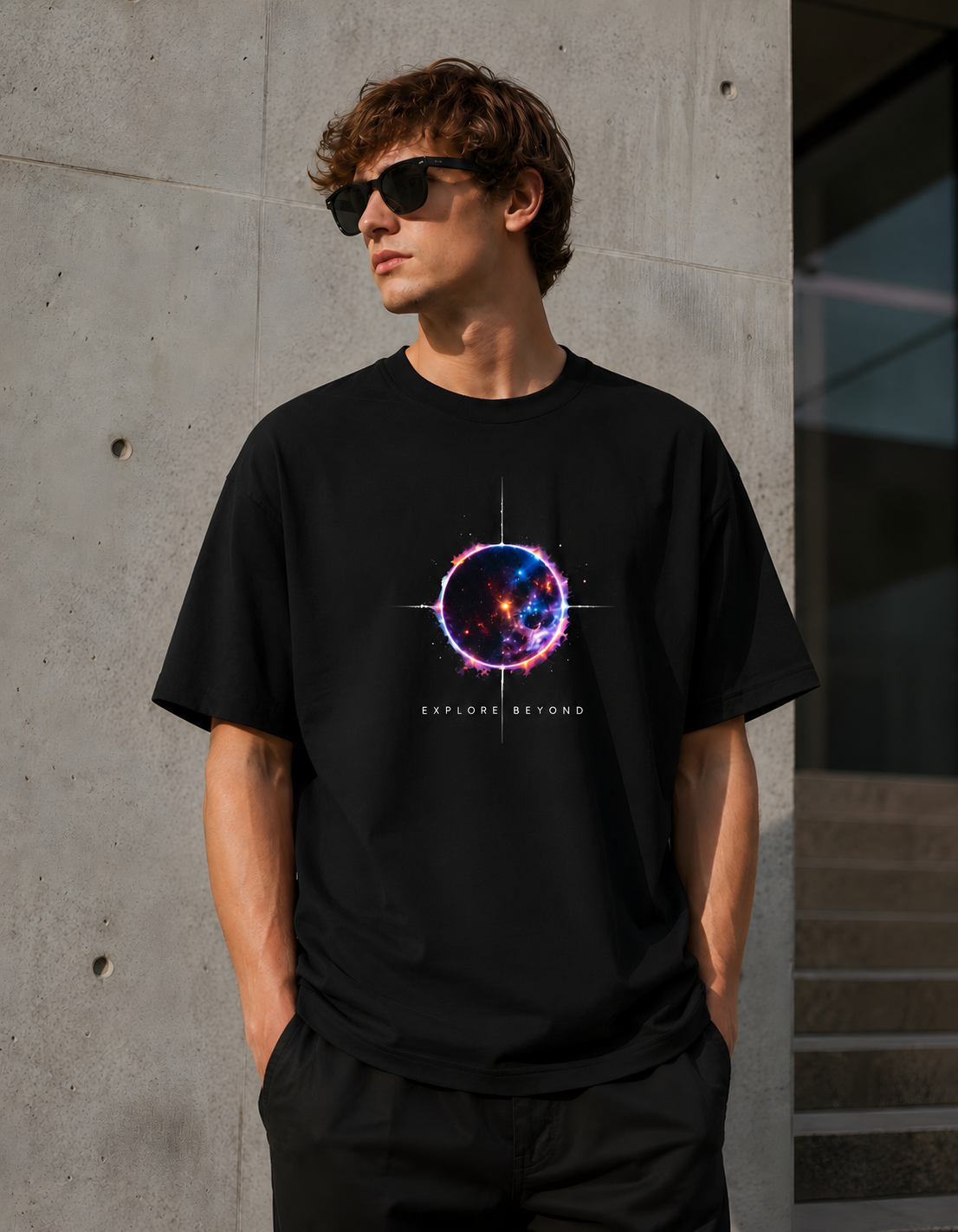 A man wearing a black graphic t-shirt with a colorful cosmic ring design and the text 'EXPLORER BEYOND' on the front, standing against a concrete wall.