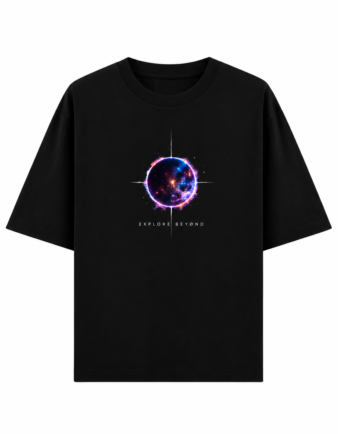 A black short-sleeve crewneck t-shirt featuring a colorful cosmic graphic of a galaxy sphere with a purple and blue nebula effect, framed by white crosshairs, with the text 'EXPLORE BEYOND' printed below in white.
