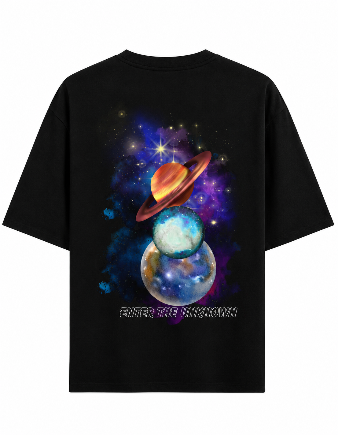 A black short-sleeve t-shirt with a colorful cosmic graphic on the front featuring planets, stars, and the text 'ENTER THE UNKNOWN'.