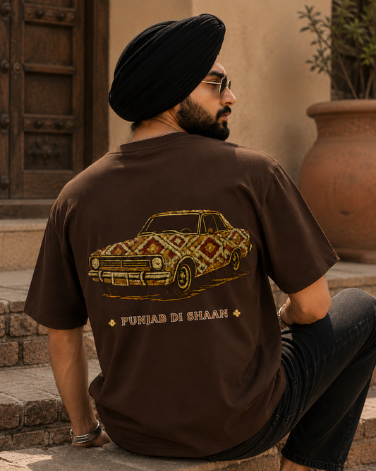 Punjab Di Shaan Oversized T-Shirt – Phulkari Car Edition | Premium Punjabi Heritage Graphic Tee