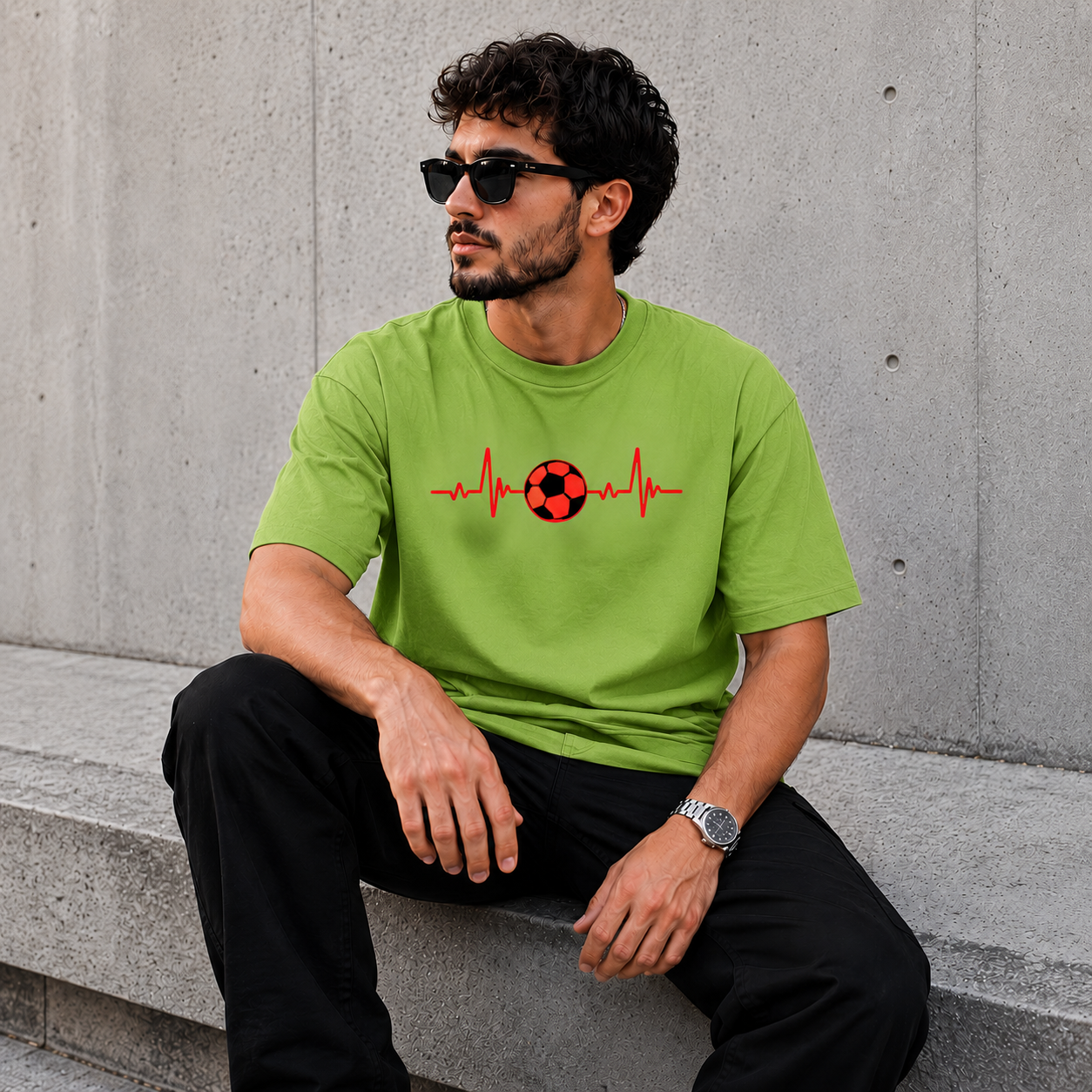 A man wearing a bright lime green t-shirt with a red heartbeat and soccer ball graphic, sitting on concrete steps against a gray concrete wall.
