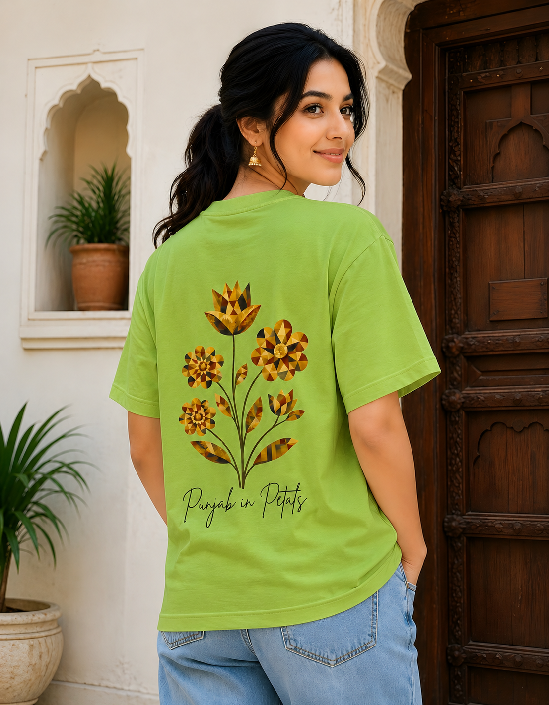 Women's lime green oversized t-shirt with Punjab in Petals floral back print