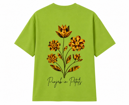 Back print oversized t-shirt with geometric floral artwork inspired by Punjab