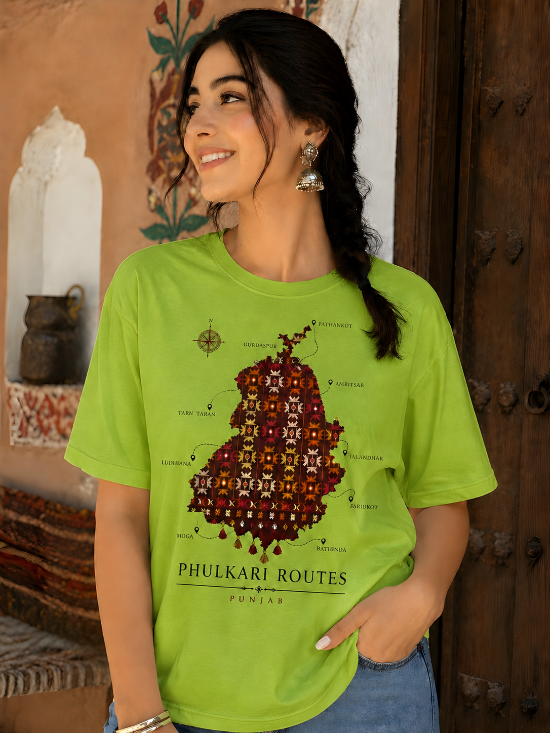 Women's lime green oversized t-shirt with Phulkari Routes Punjab graphic print