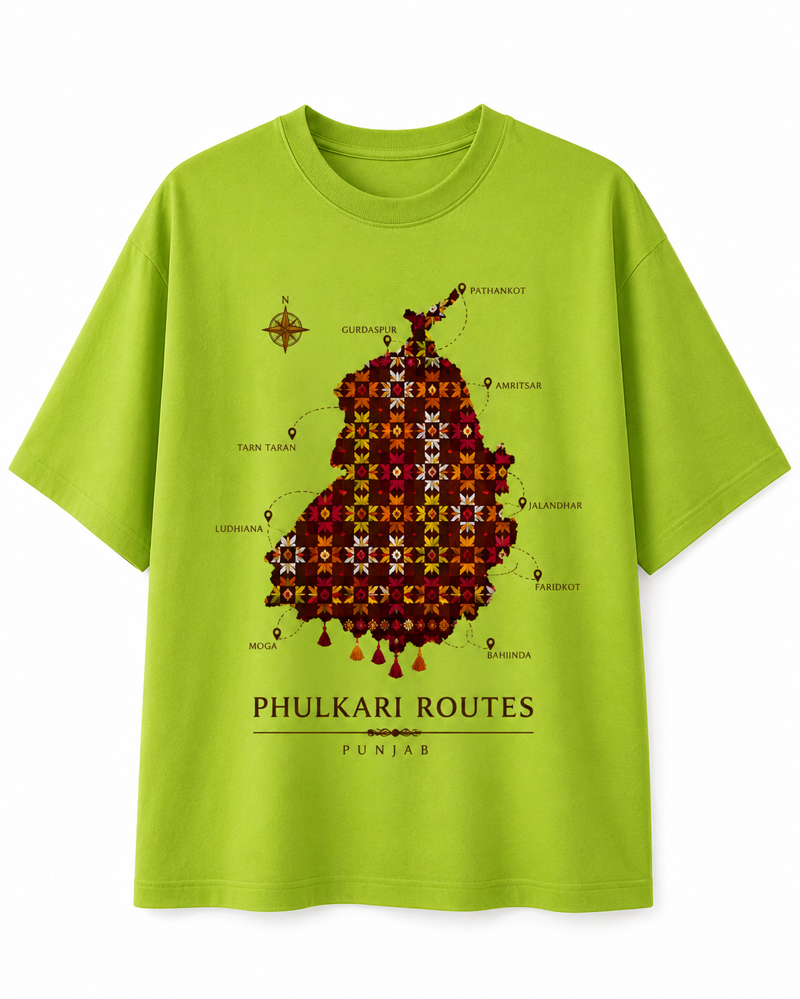 Luxury oversized women's graphic t-shirt with Phulkari Routes Punjab design