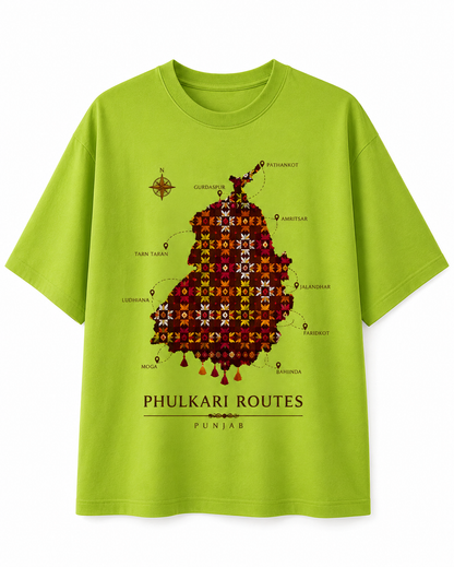 Luxury oversized women's graphic t-shirt with Phulkari Routes Punjab design