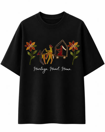 Indian female model wearing black oversized cotton graphic t-shirt
