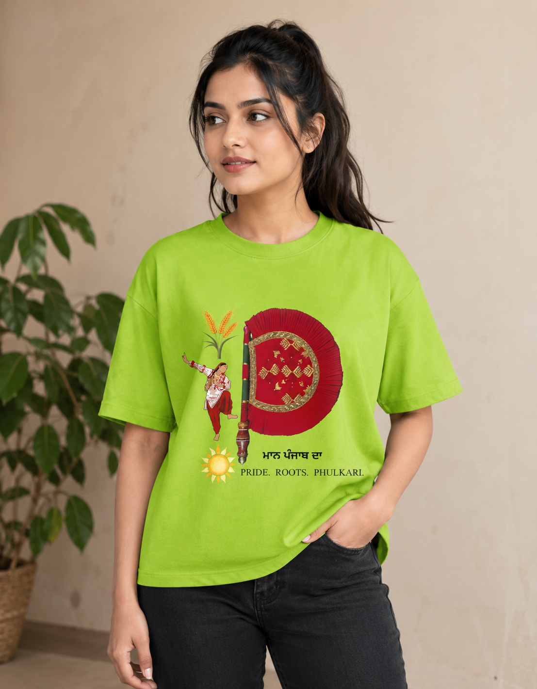 Indian Female Fashion Model in Light Green Heritage Graphic Oversized Tee