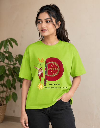 Indian Female Fashion Model in Light Green Heritage Graphic Oversized Tee