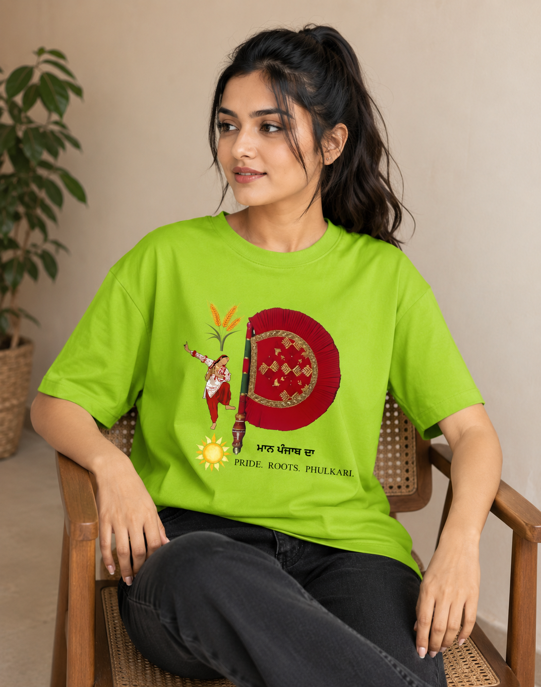 Women's Light Green Punjabi Heritage Graphic T-Shirt with Pride Roots Phulkari Design