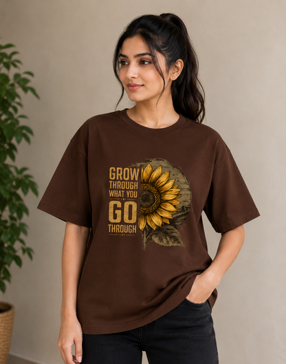 Indian Female Model Wearing Chocolate Brown Sunflower Graphic Oversized T-Shirt for Women | Grow Through What You Go Through by Dorenique