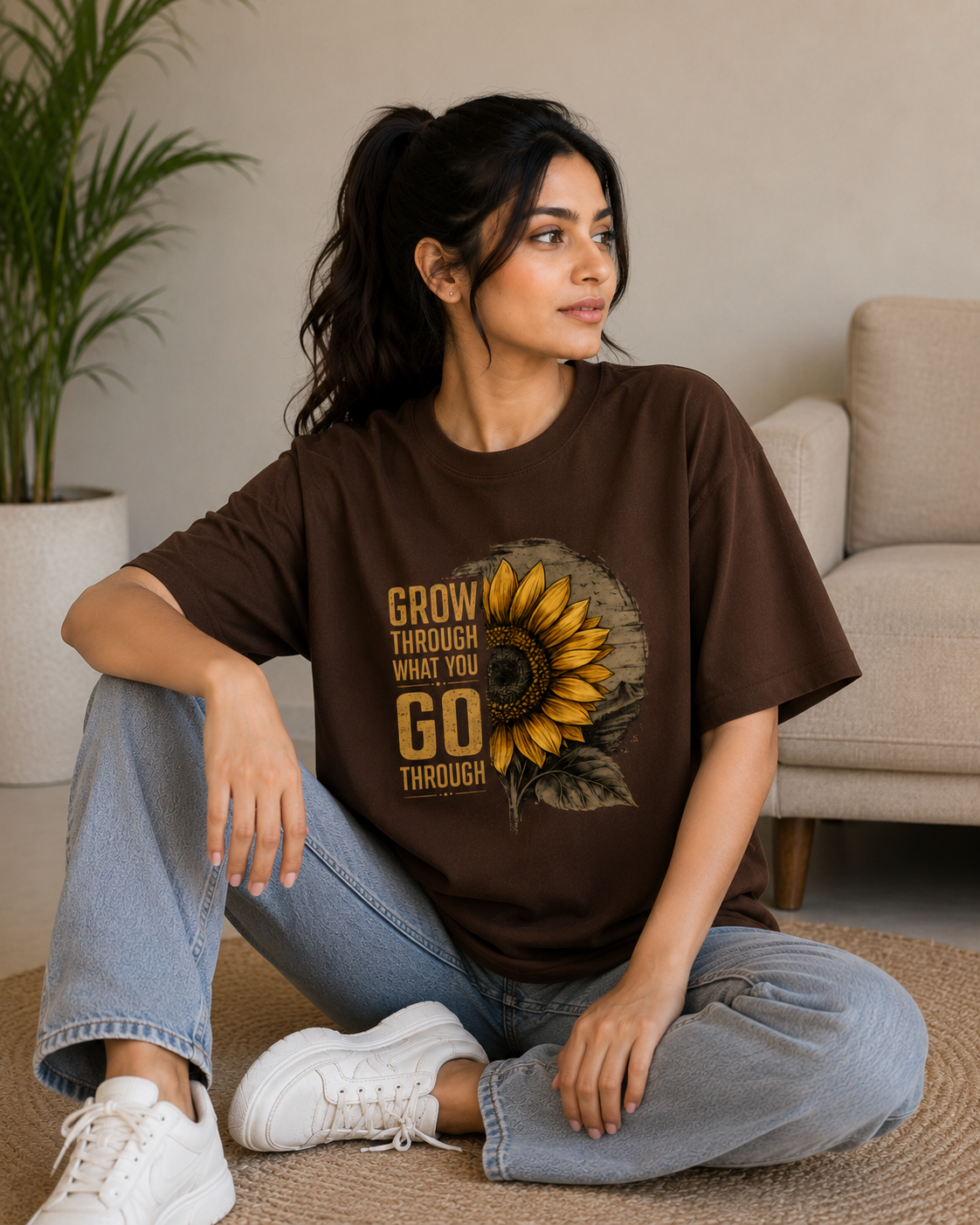 Indian Female Model Wearing Premium Brown Motivational Graphic Cotton T-Shirt