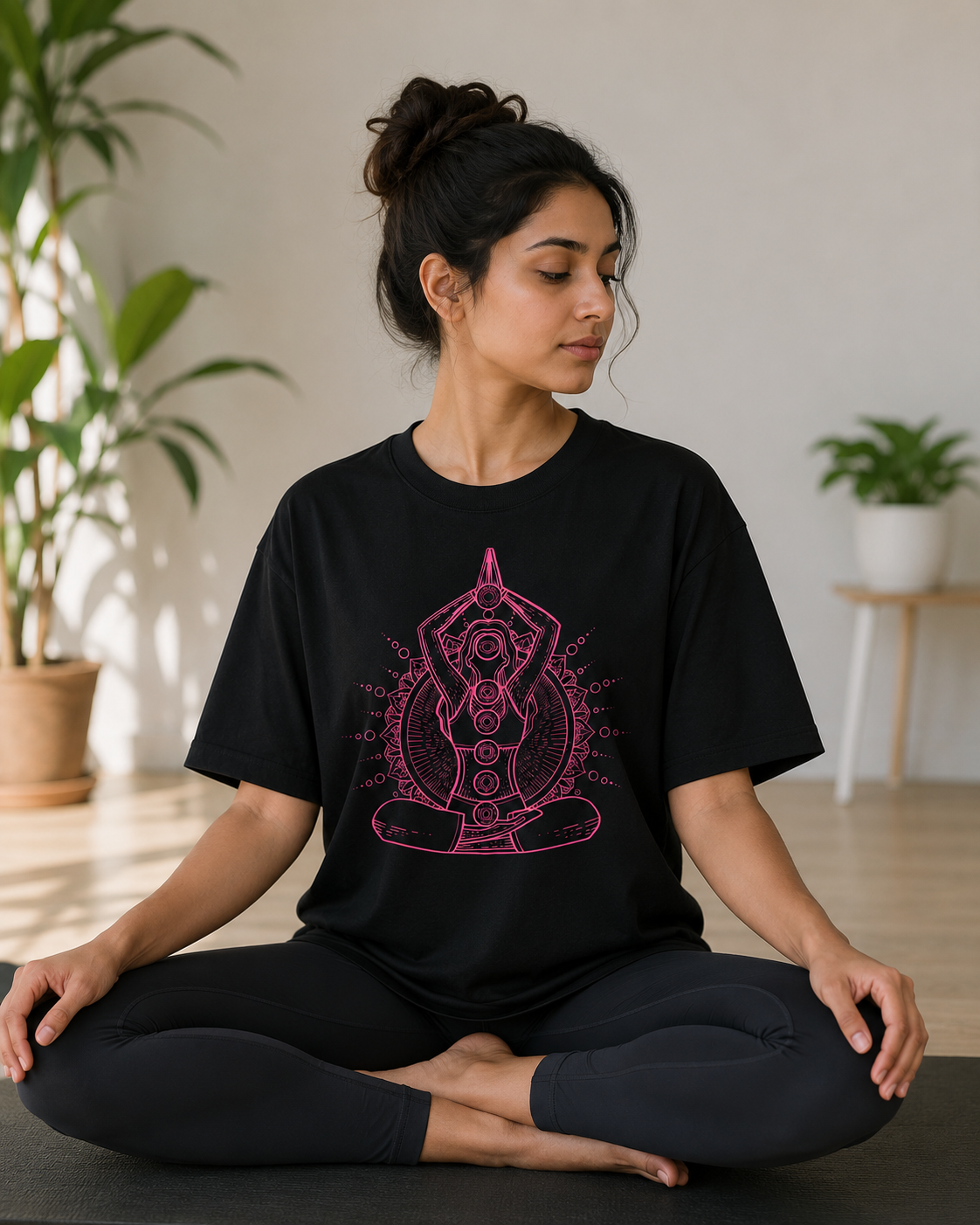 Yoga Meditation Graphic Print on Premium Black Oversized Cotton T-Shirt