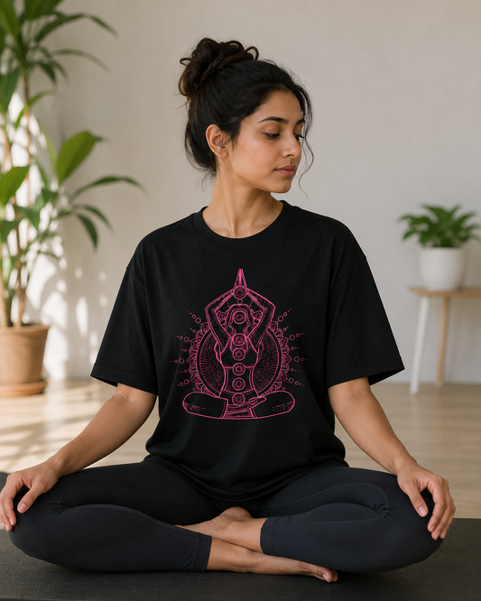 Yoga Meditation Graphic Print on Premium Black Oversized Cotton T-Shirt
