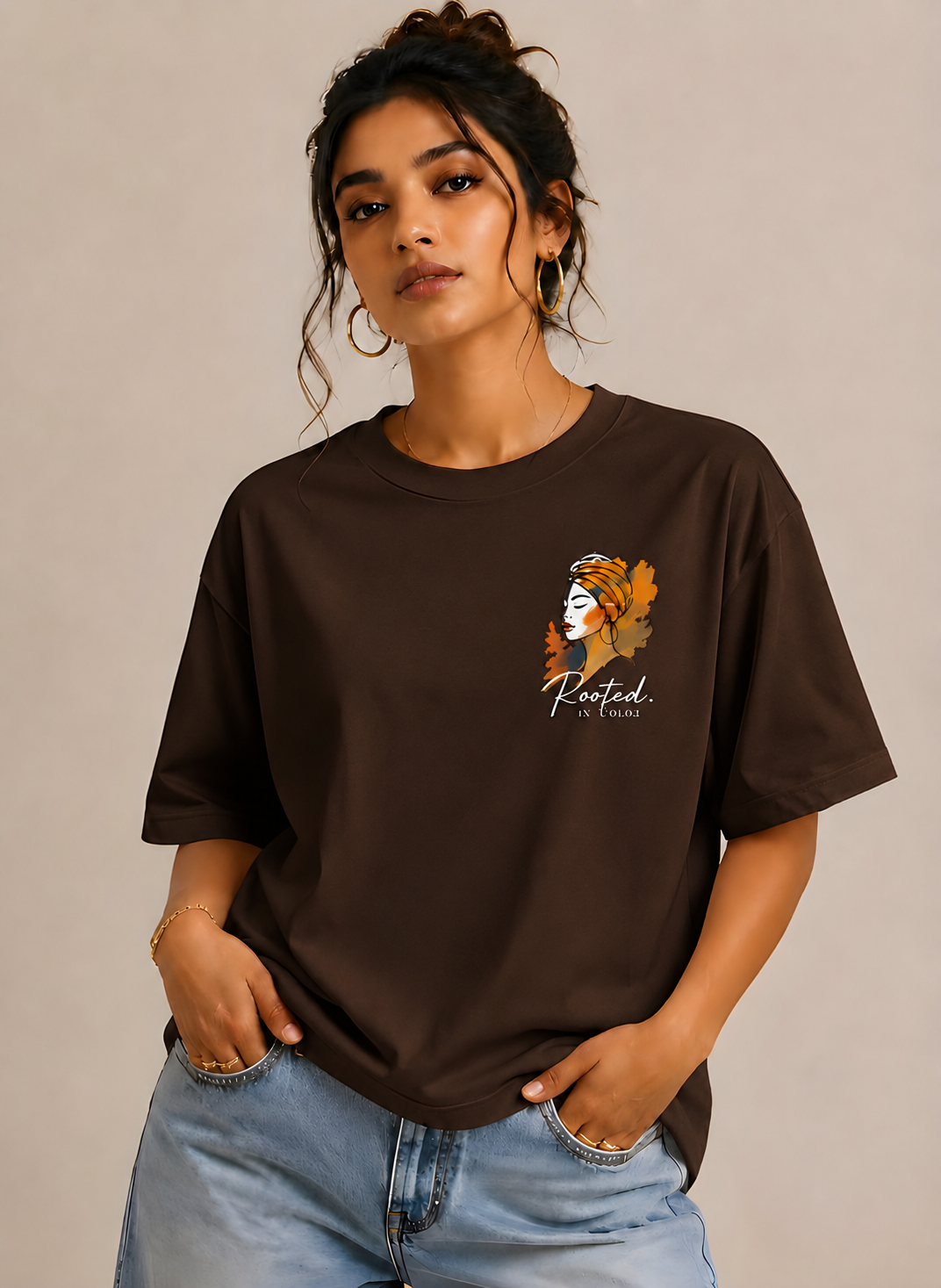 Premium chocolate brown oversized t-shirt for women with Rooted graphic print