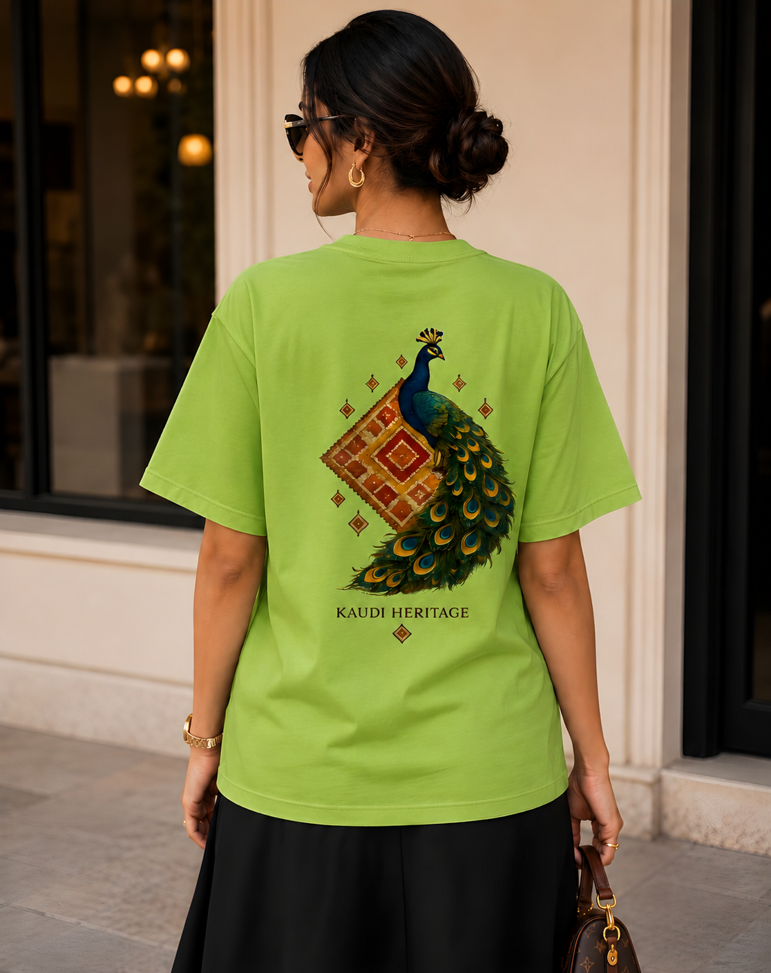 Women's lime green oversized t-shirt with Kaudi Heritage peacock back print