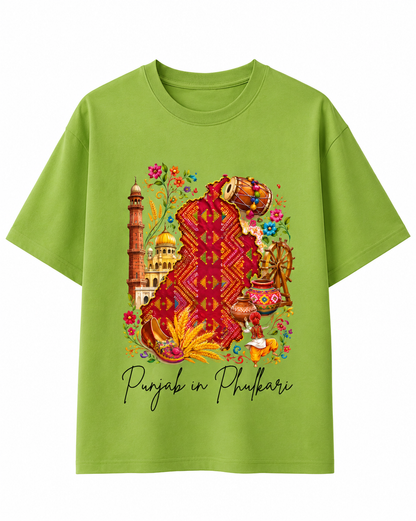 Punjab in Phulkari Punjabi Heritage Graphic Print on Light Green Oversized T-Shirt