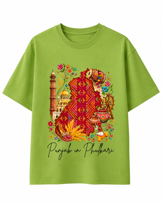 Punjab in Phulkari Punjabi Heritage Graphic Print on Light Green Oversized T-Shirt