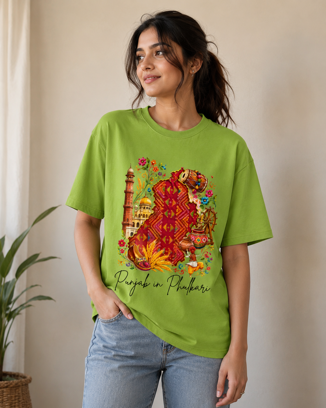 Punjab in Phulkari Graphic Oversized T-Shirt for Women in Light Green | Punjabi Heritage Cotton Tee by Dorenique