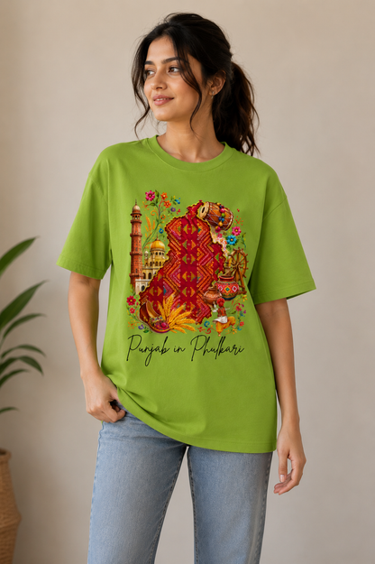 Indian Female Model Wearing Light Green Punjab in Phulkari Oversized Graphic T-Shirt | Dorenique Heritage Collection