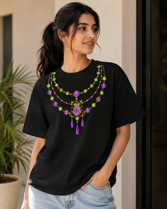 Black oversized crew neck t-shirt with colourful necklace graphic print