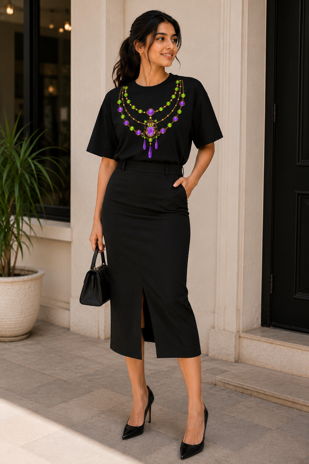 Fashionable Indian woman wearing a tucked-in oversized black t-shirt and black pencil skirt